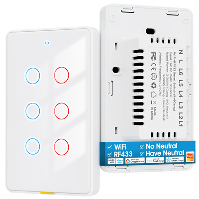 Buon prezzo Tuya WiFi Switch Timing 6 Gang Voice App Alexa Google Home Nessun filo neutro WiFi RF433 US Switch di luce Smart Home in linea